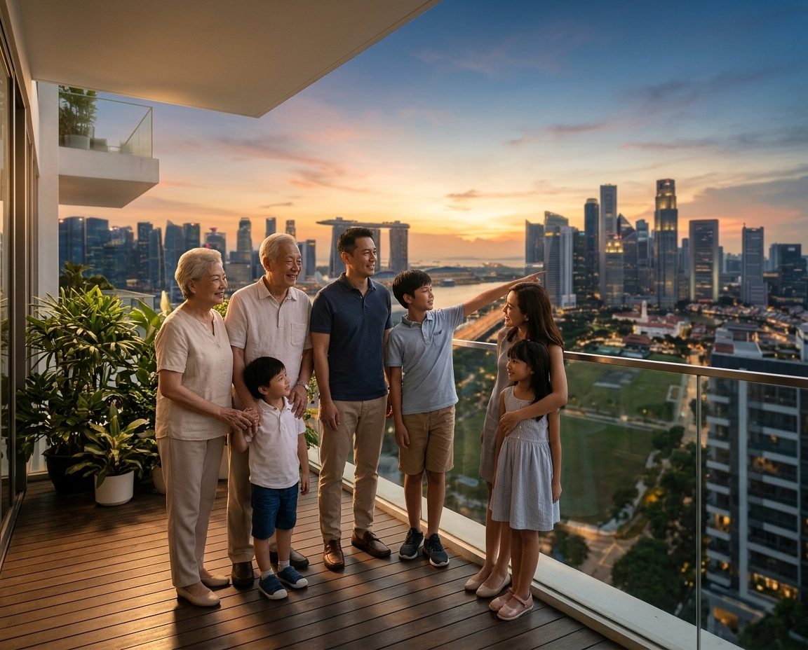 A multigenerational family watching the sunset over the Singapore skyline