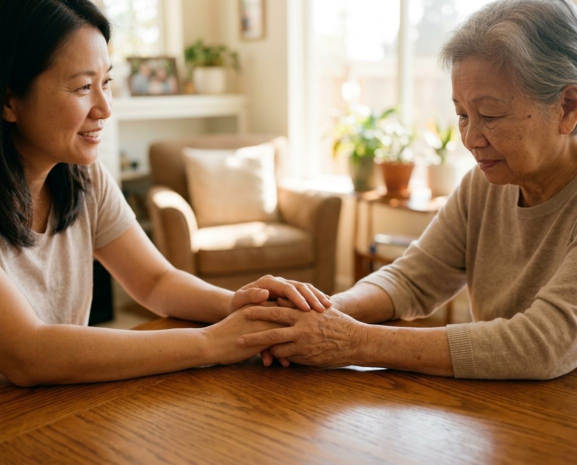 A daughter holding her mother's hands at home